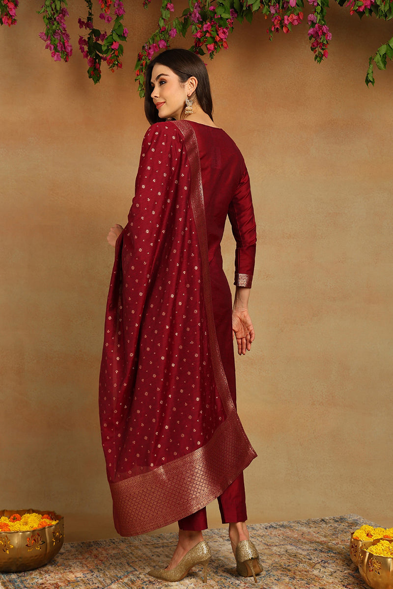 Red Poly Chanderi Woven Design Straight Suit Set | SHOBITAM