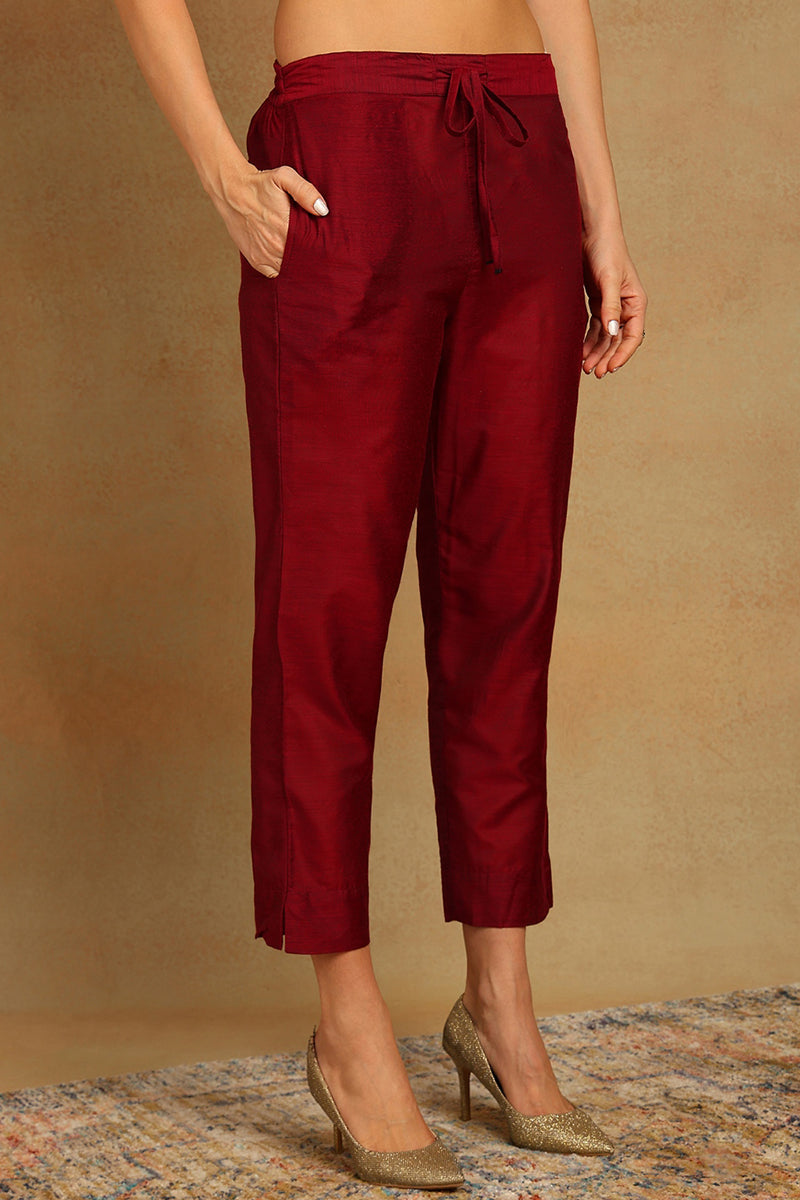 Red Poly Chanderi Woven Design Straight Suit Set | SHOBITAM
