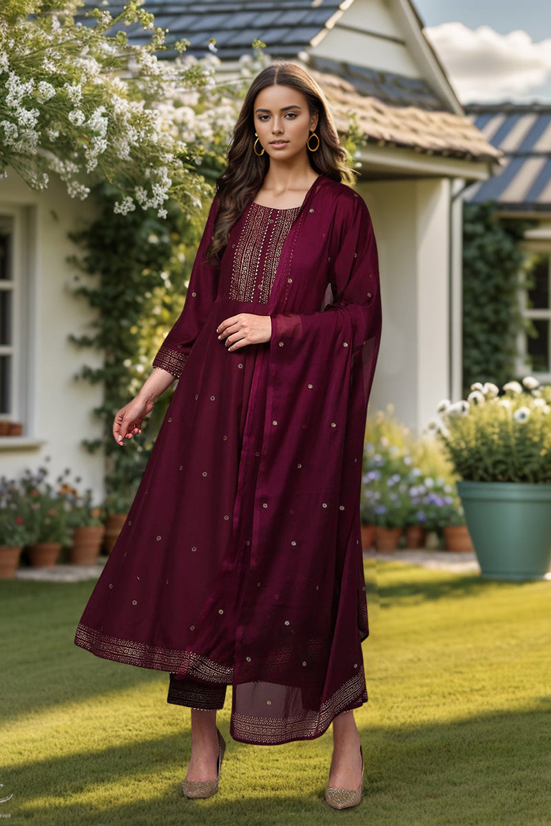 Burgundy Silk Blend Woven Design Flared Suit Set | SHOBITAM