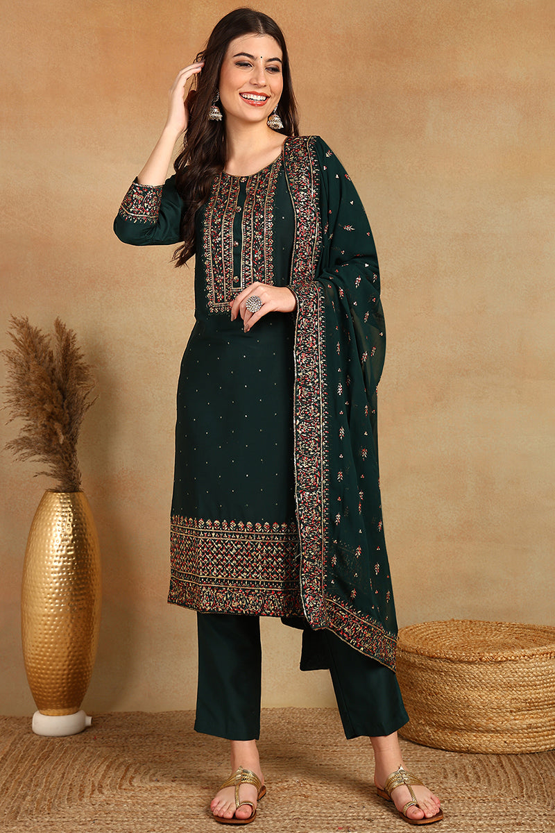Green Silk Blend Solid Straight Suit Set | SHOBITAM