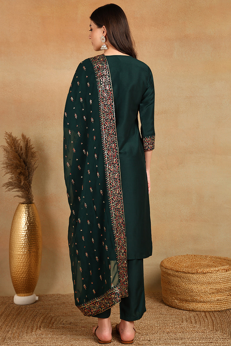 Green Silk Blend Solid Straight Suit Set | SHOBITAM