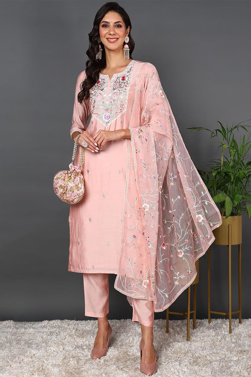 Pink Silk Blend Solid Embroidered Straight Suit Set | SHOBITAM