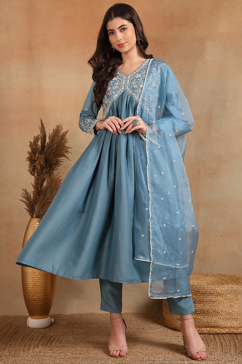 Blue Silk Blend Solid Embroidered Anarkali Suit Set | SHOBITAM