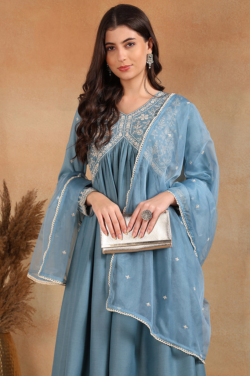 Blue Silk Blend Solid Embroidered Anarkali Suit Set | SHOBITAM