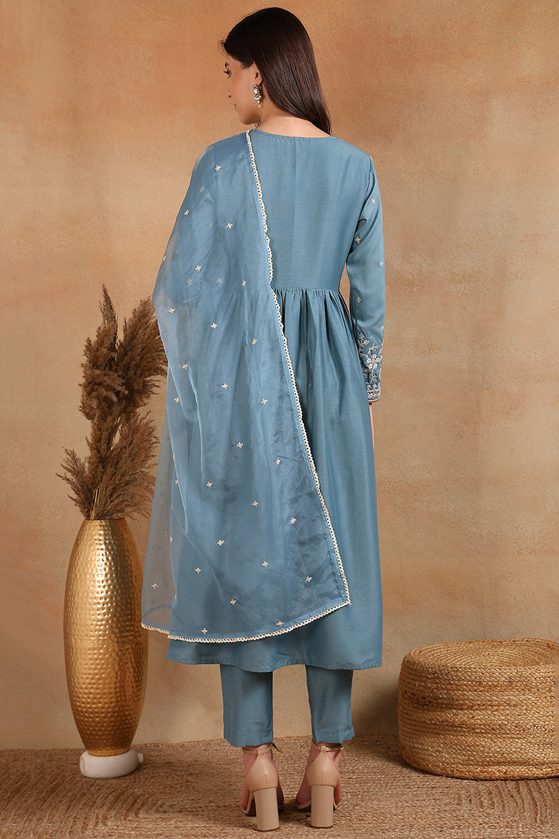 Blue Silk Blend Solid Embroidered Anarkali Suit Set | SHOBITAM