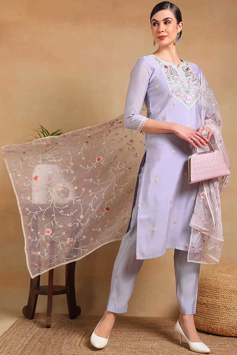 Purple Silk Blend Solid Embroidered Straight Regular Suit Set | SHOBITAM