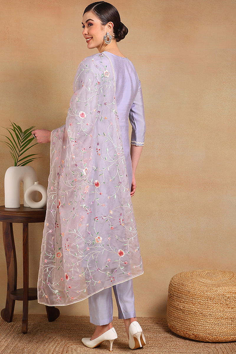 Purple Silk Blend Solid Embroidered Straight Regular Suit Set | SHOBITAM