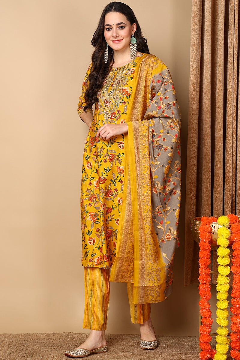 Yellow Silk Blend Floral Printed Straight Style Suit Set | SHOBITAM