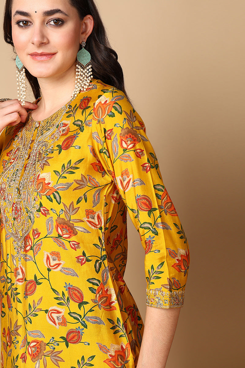 Yellow Silk Blend Floral Printed Straight Style Suit Set | SHOBITAM