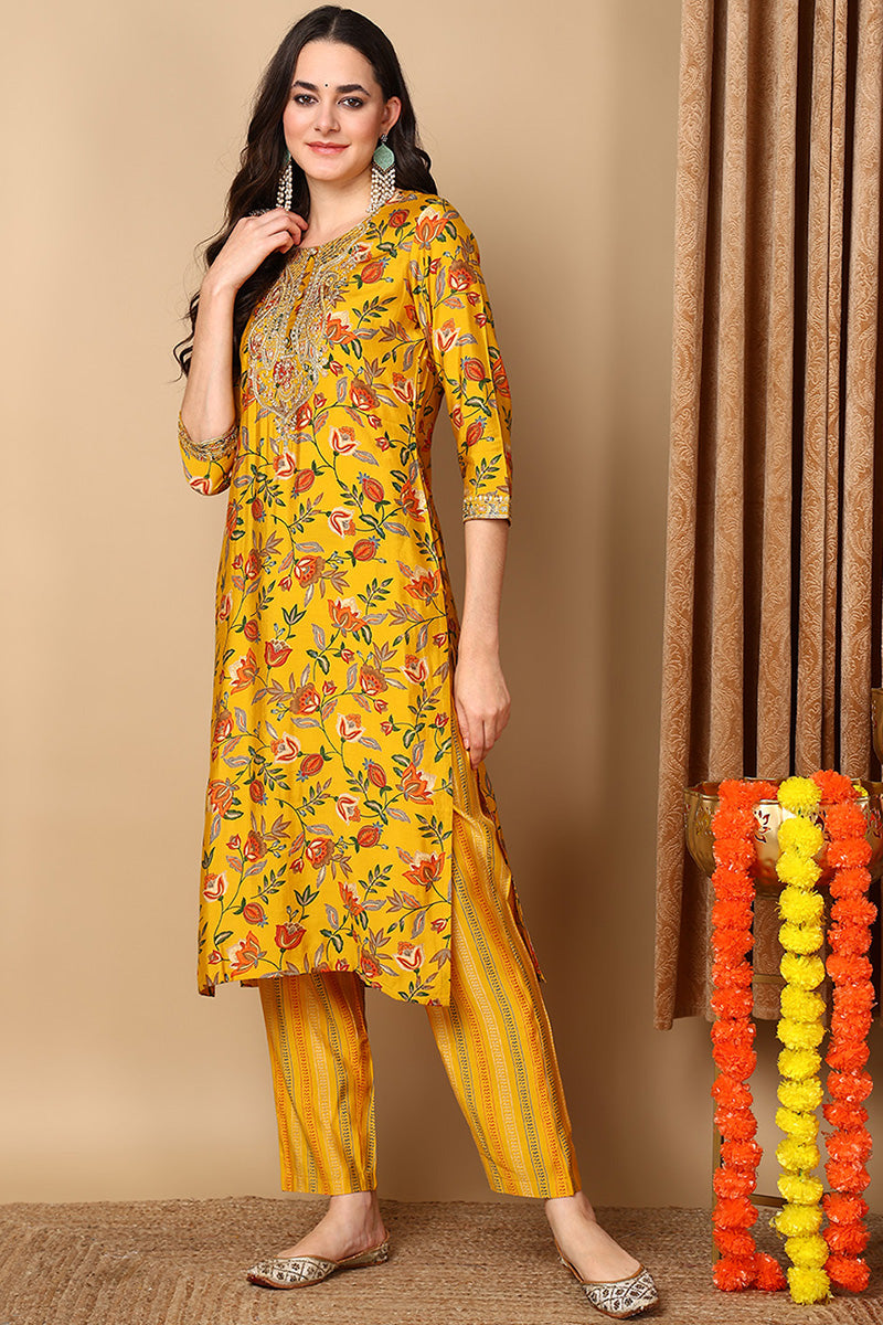 Yellow Silk Blend Floral Printed Straight Style Suit Set | SHOBITAM