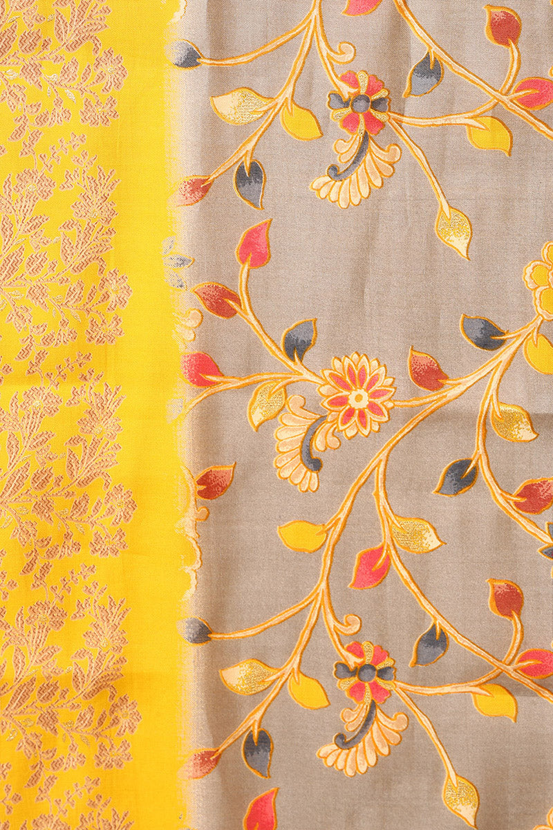 Yellow Silk Blend Floral Printed Straight Style Suit Set | SHOBITAM