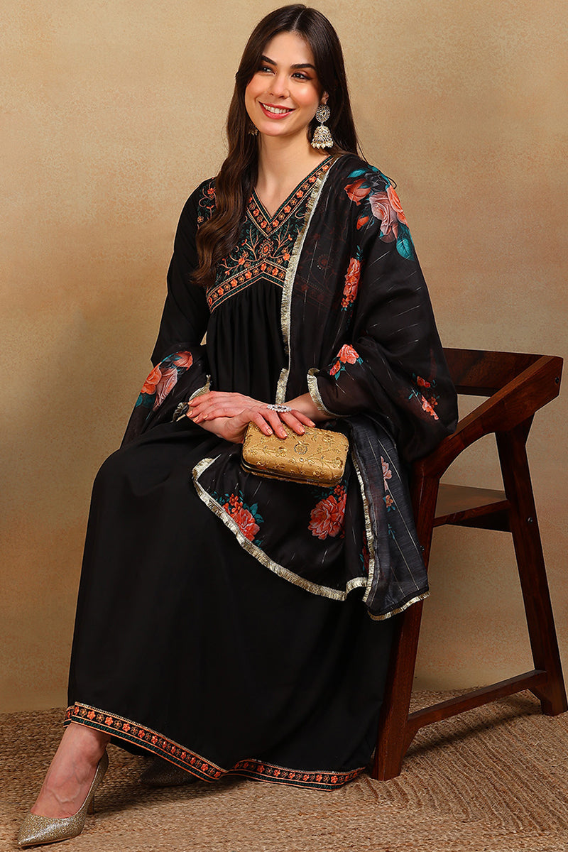 Black Silk Blend Solid Embroidered Flared Empire Suit Set | SHOBITAM