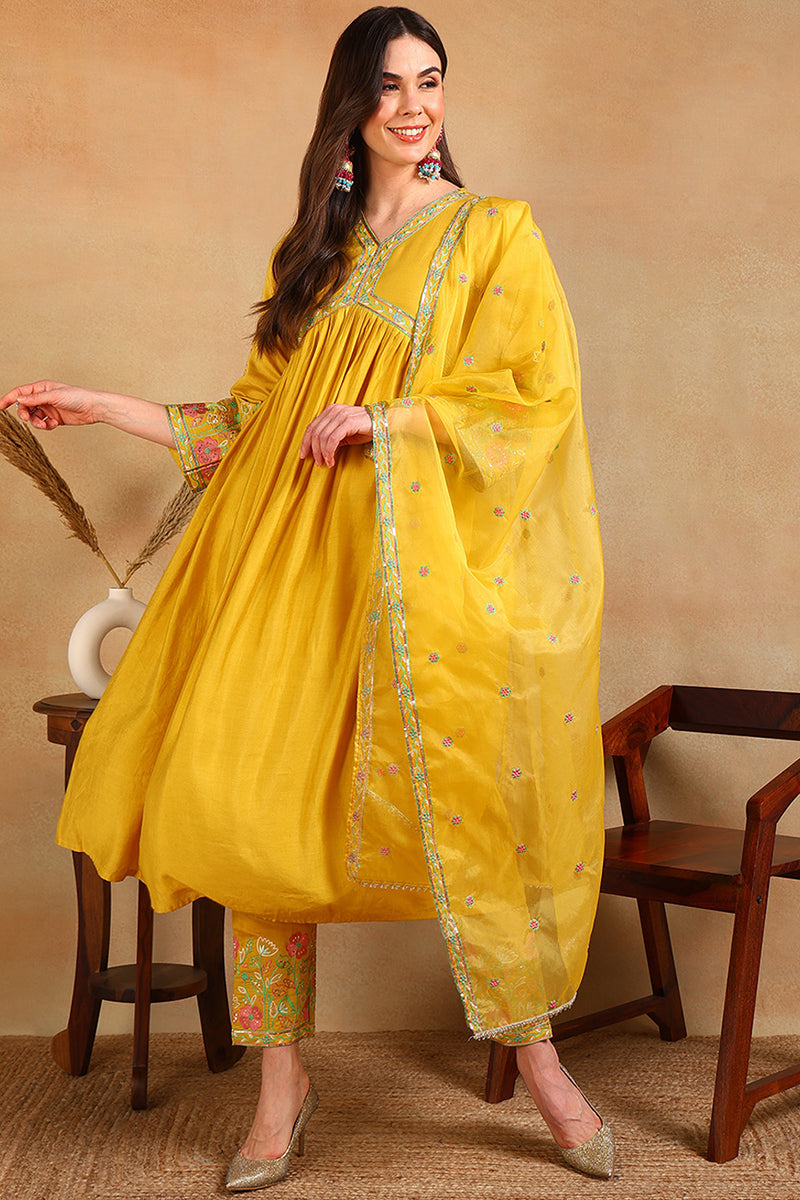Yellow Silk Blend Embroidered Anarkali Suit Set | SHOBITAM