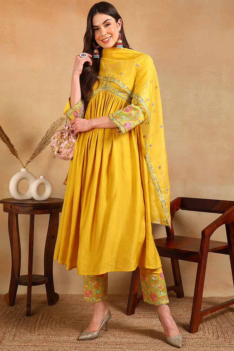 Yellow Silk Blend Embroidered Anarkali Suit Set | SHOBITAM