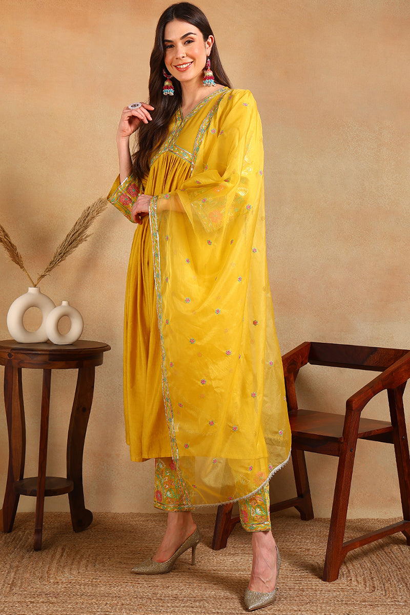 Yellow Silk Blend Embroidered Anarkali Suit Set | SHOBITAM