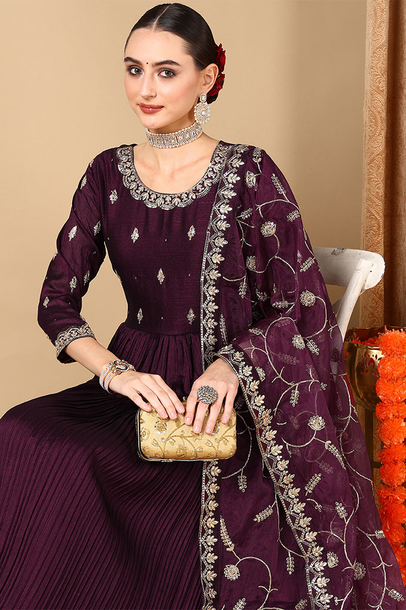 Magenta Silk Blend Embroidered Anarkali Suit Set |shobitam