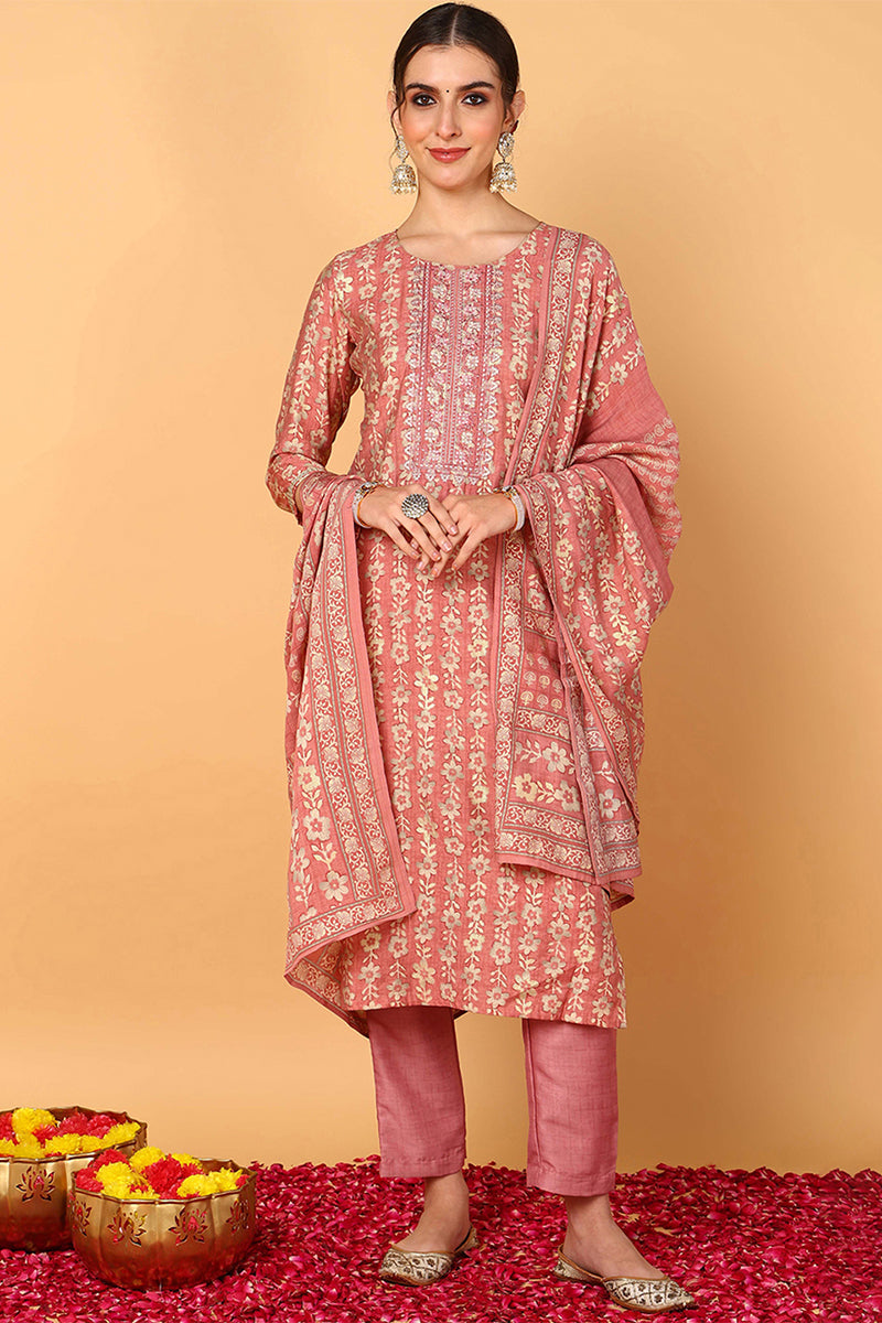 Pink Silk Blend Floral Printed Straight Style Suit Set | SHOBITAM