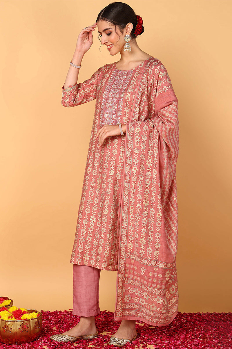 Pink Silk Blend Floral Printed Straight Style Suit Set | SHOBITAM