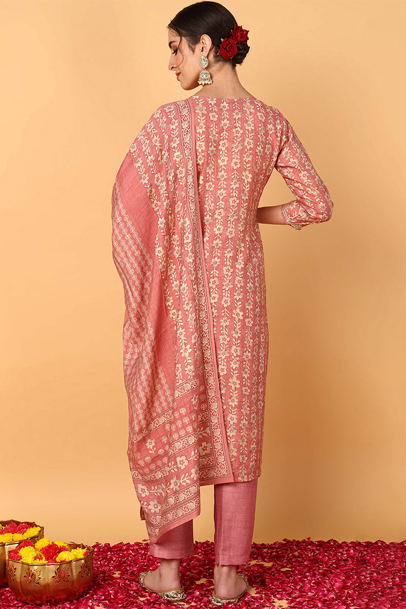 Pink Silk Blend Floral Printed Straight Style Suit Set | SHOBITAM