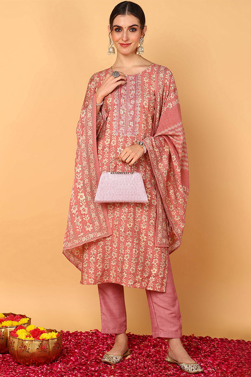 Pink Silk Blend Floral Printed Straight Style Suit Set | SHOBITAM