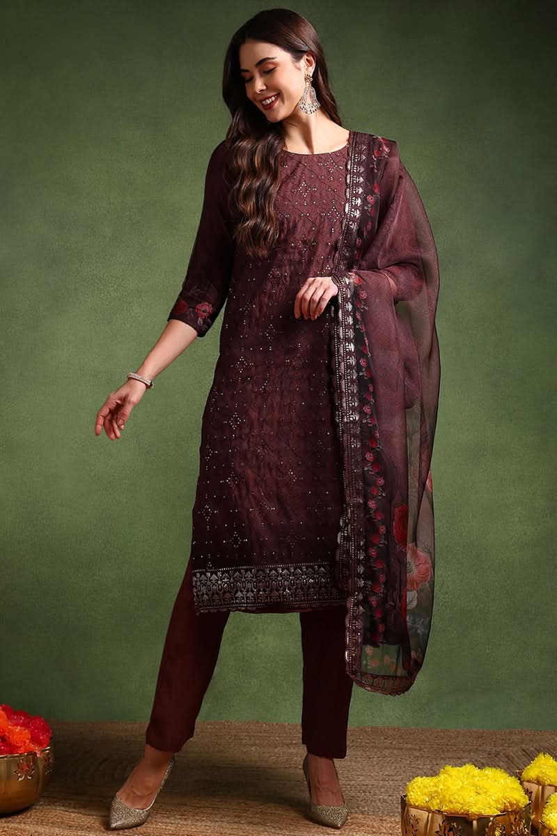Brown Organza Ethnic Motifs Embroidered Straight Suit Set | SHOBITAM