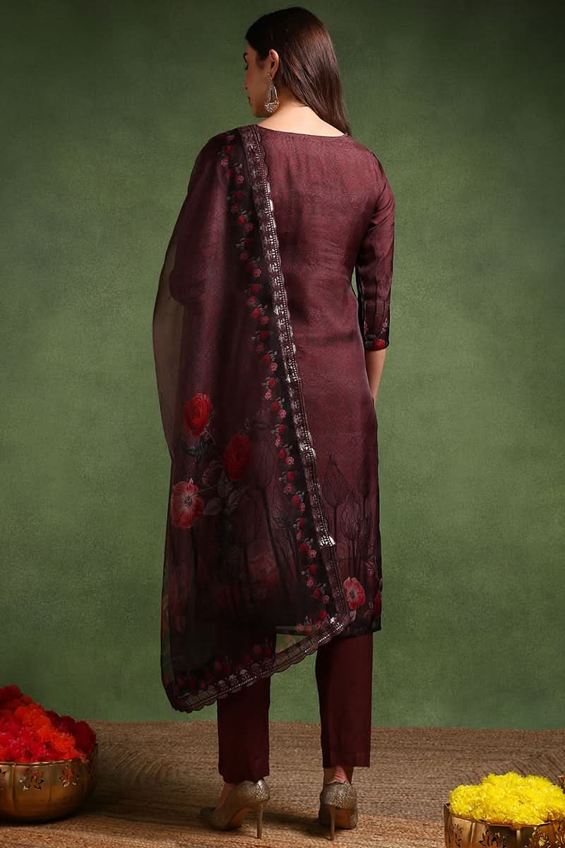 Brown Organza Ethnic Motifs Embroidered Straight Suit Set | SHOBITAM