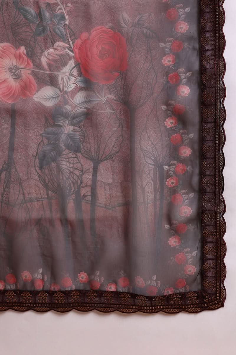 Brown Organza Ethnic Motifs Embroidered Straight Suit Set | SHOBITAM