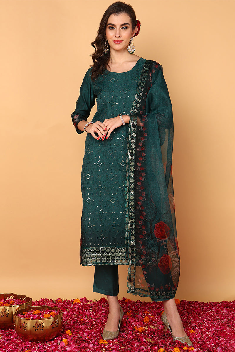 Green Organza Floral Embroidered Straight Suit Set | SHOBITAM