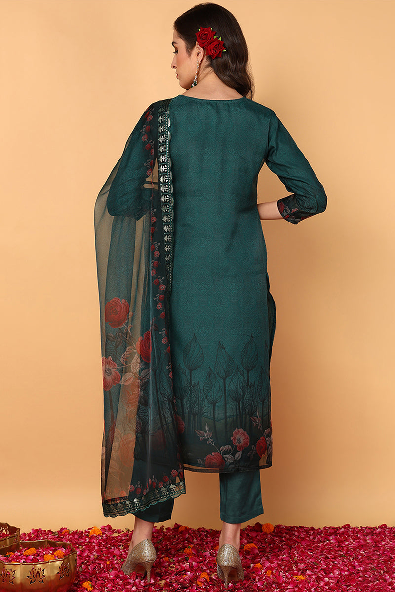 Green Organza Floral Embroidered Straight Suit Set | SHOBITAM