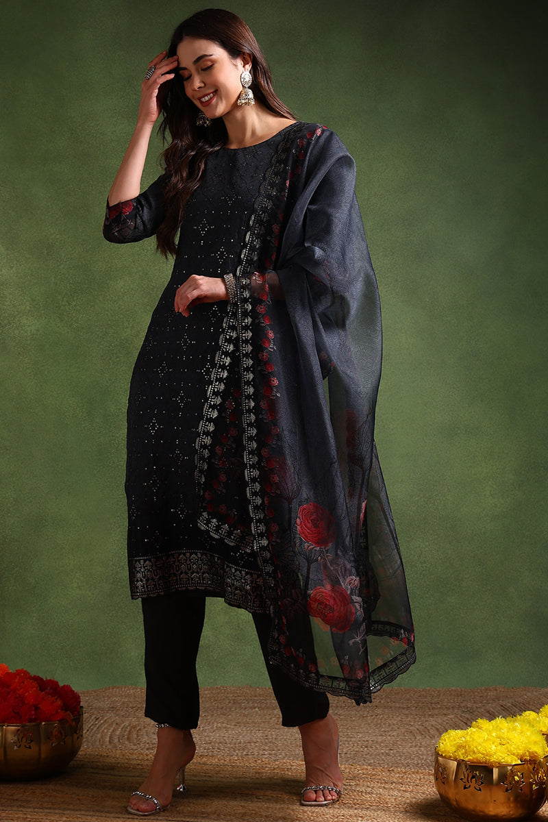 Black Organza Floral Embroidered Straight Suit Set | SHOBITAM