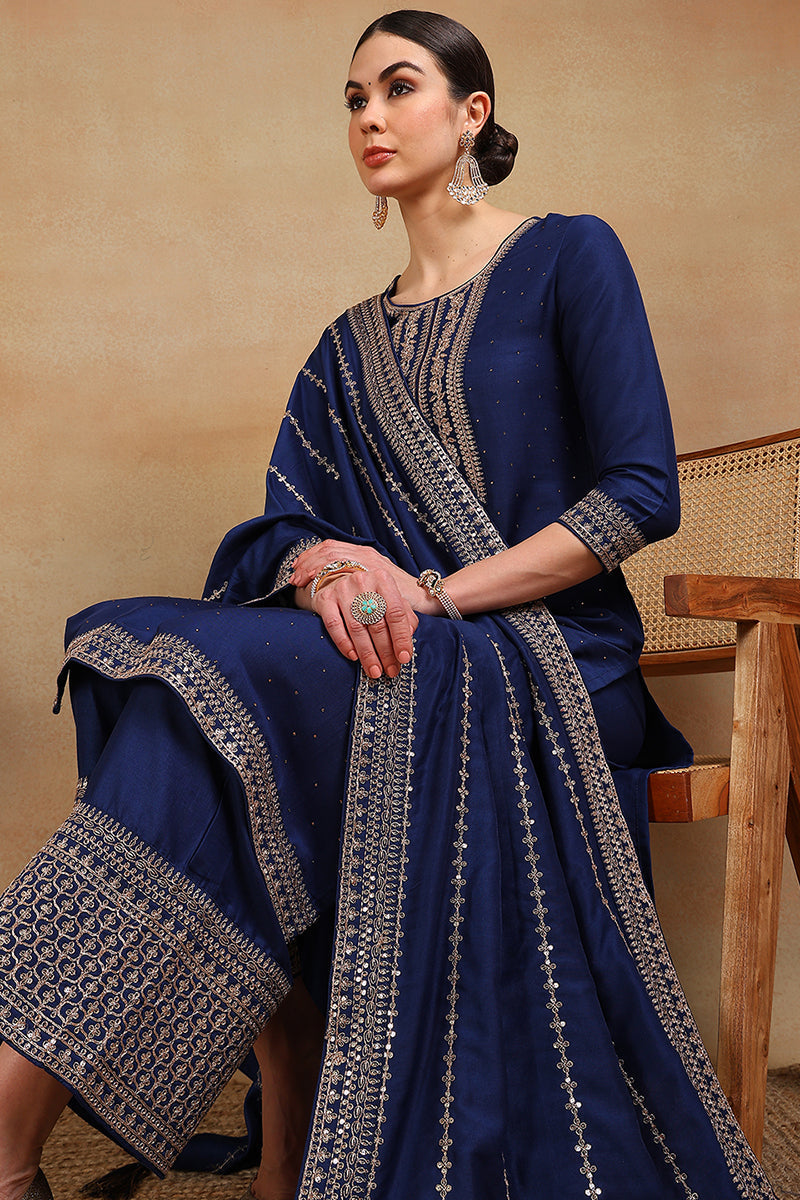 Blue Silk Blend Solid Yoke Design Straight Suit Set | SHOBITAM