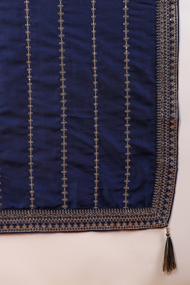 Blue Silk Blend Solid Yoke Design Straight Suit Set | SHOBITAM