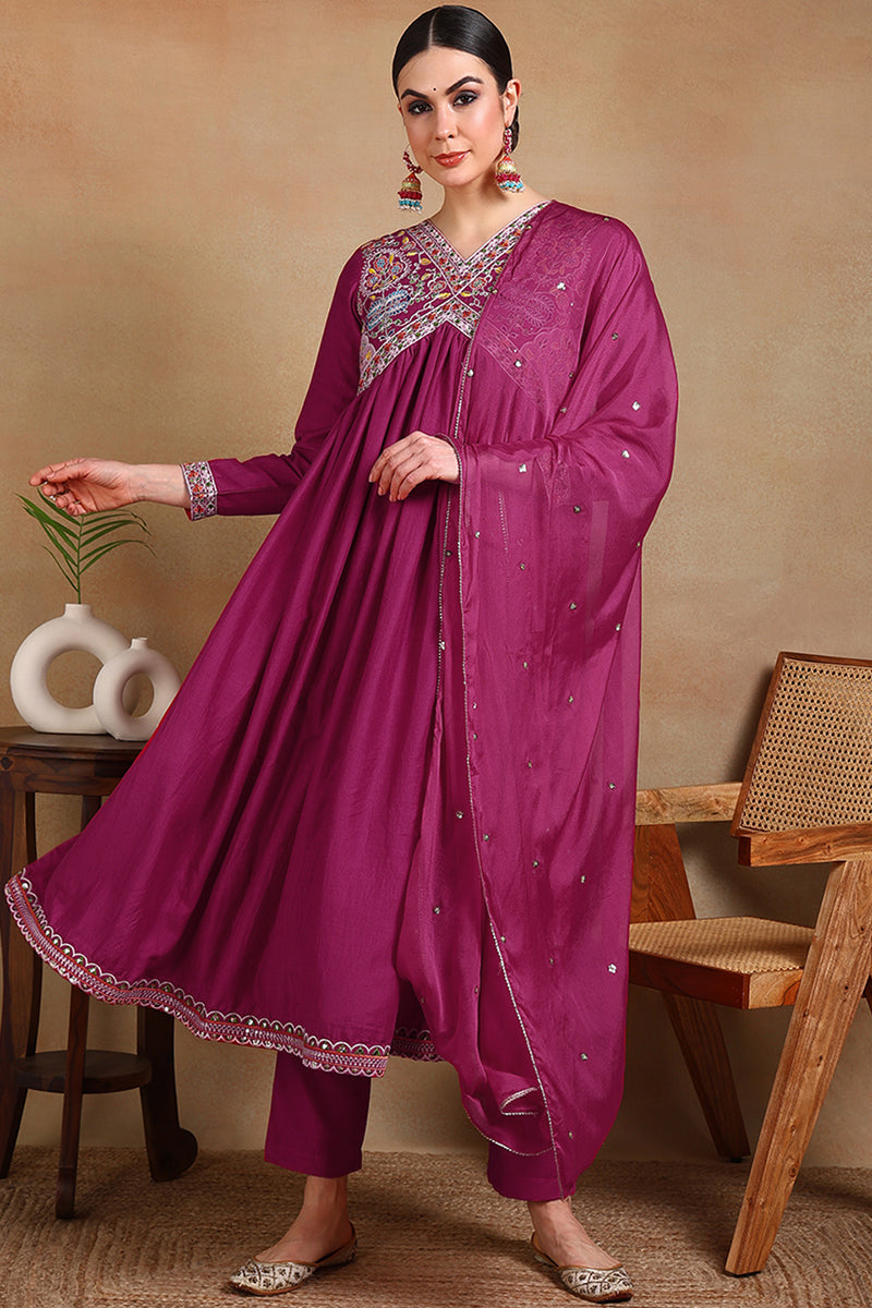 Magenta Pink Silk Blend Embroidered Anarkali Suit Set | SHOBITAM