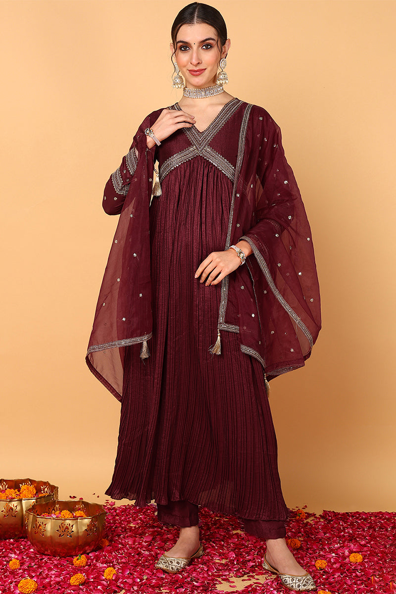 Plus Size Maroon Silk Blend Solid Embroidered Flared Suit Set |shobitam