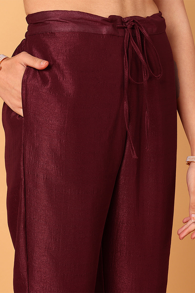 Plus Size Maroon Silk Blend Solid Embroidered Flared Suit Set |shobitam