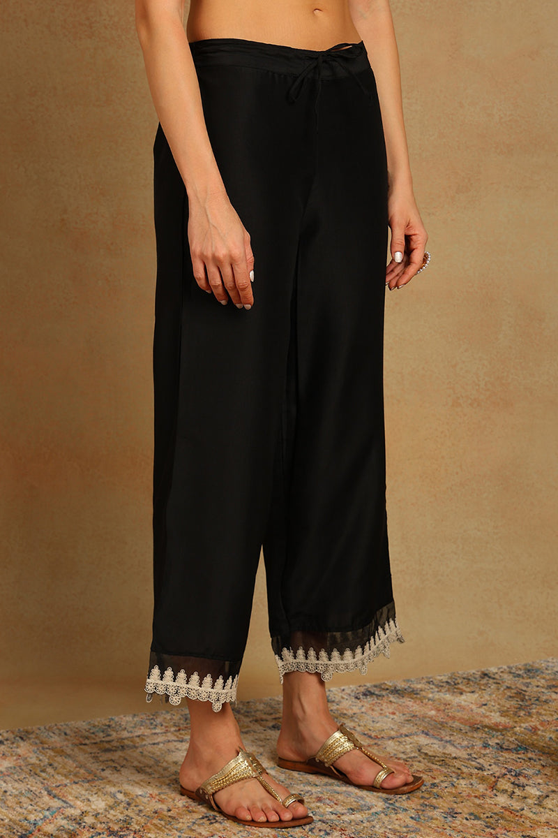 Black Silk Blend Solid Embroidered Flared Suit Set | SHOBITAM