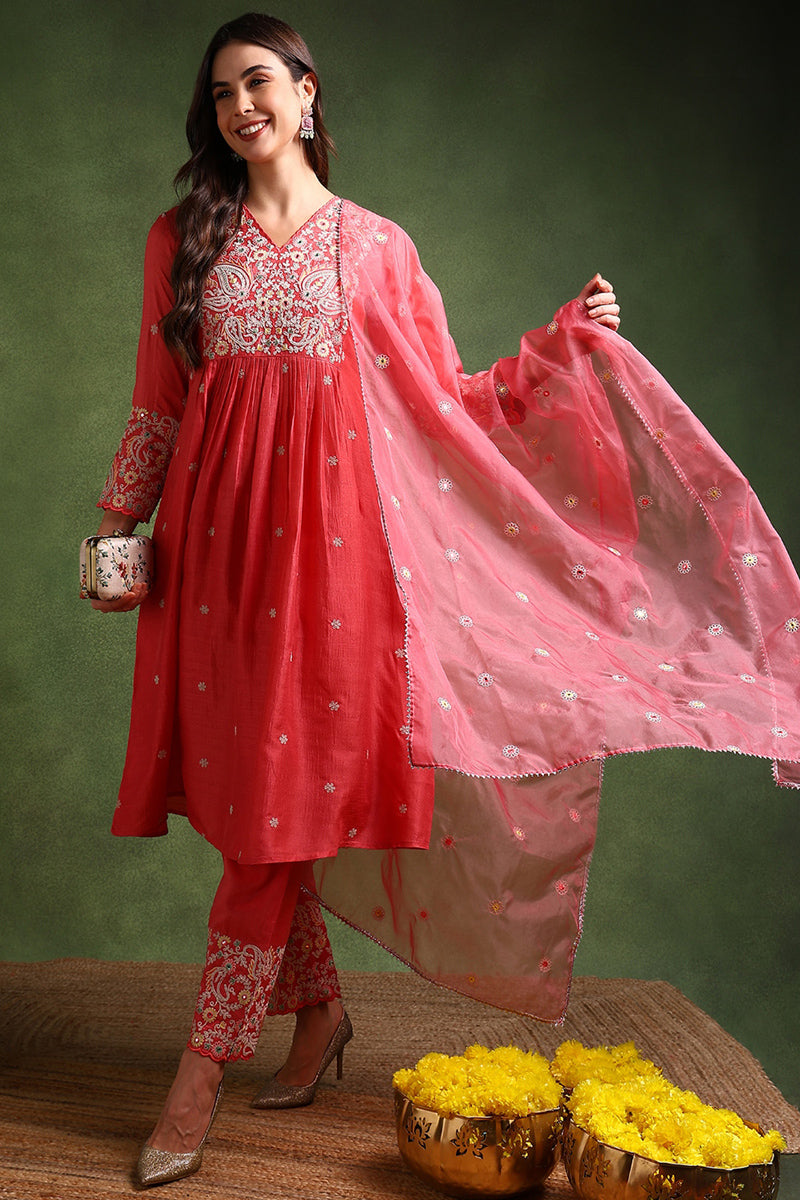 Pink Silk Blend Solid Yoke Design Anarkali Suit Set | SHOBITAM