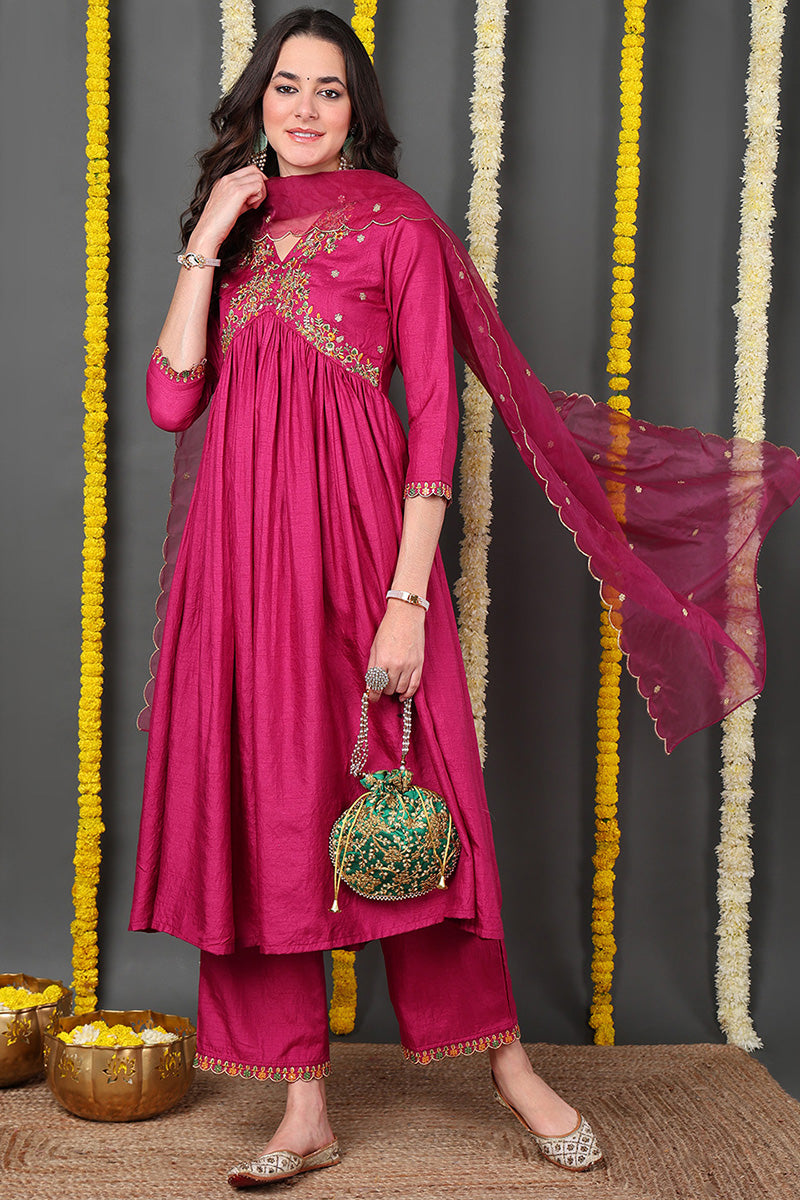 Pink Silk Blend Solid Embroidered Flared Suit Set | SHOBITAM