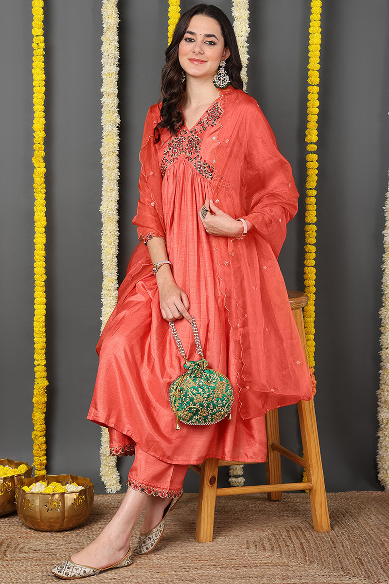 Orange Silk Blend Solid Embroidered Flared Suit Set  | SHOBITAM