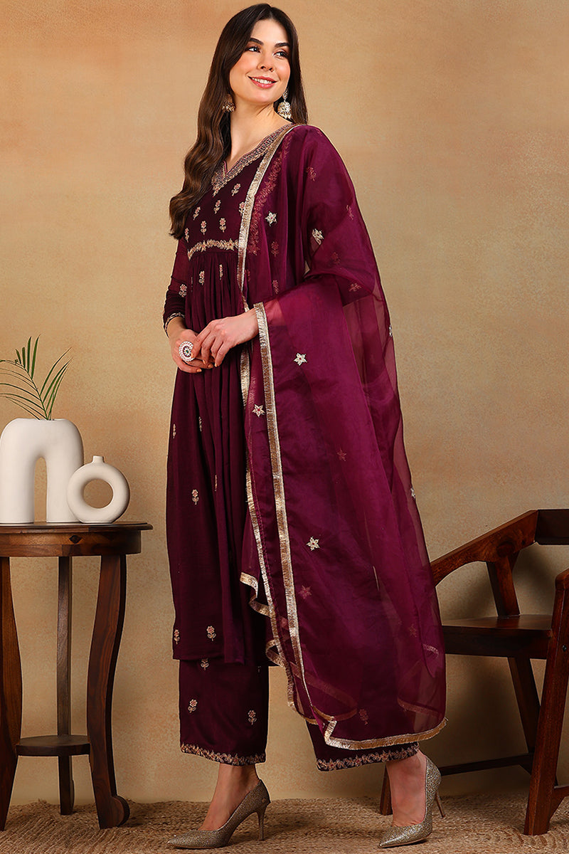 Purple Silk Blend Solid Embroidered Flared Empire Suit Set | SHOBITAM