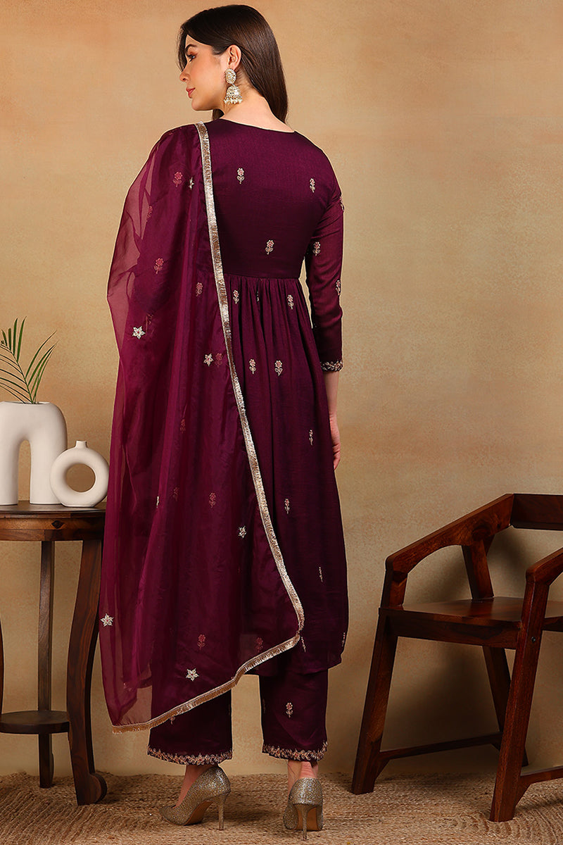 Purple Silk Blend Solid Embroidered Flared Empire Suit Set | SHOBITAM