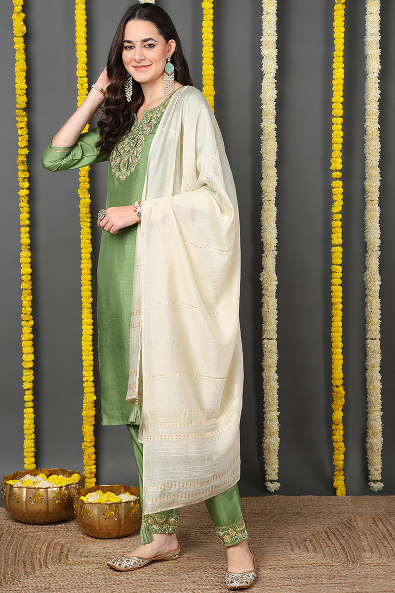 Green Silk Blend Solid Embroidered Straight Suit Set | SHOBITAM