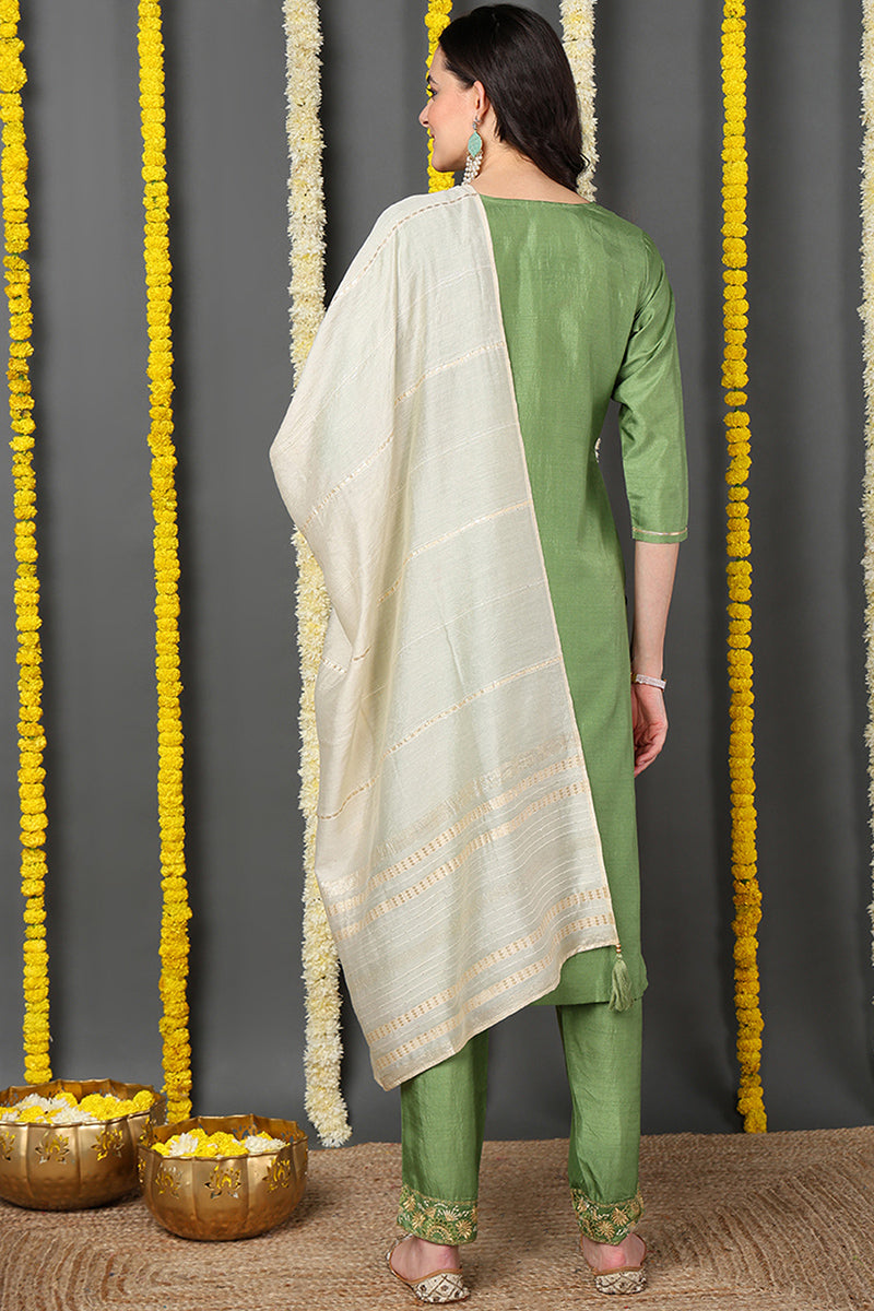 Green Silk Blend Solid Embroidered Straight Suit Set | SHOBITAM