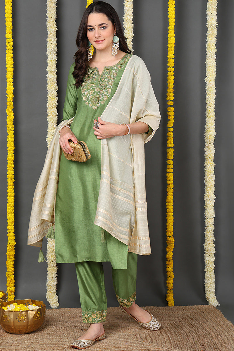 Green Silk Blend Solid Embroidered Straight Suit Set | SHOBITAM