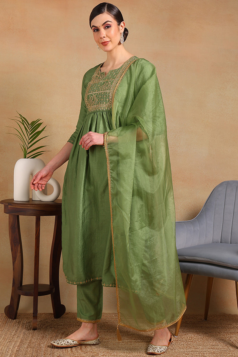 Green Silk Blend Solid Yoke Design Flared Empire Suit Set | SHOBITAM