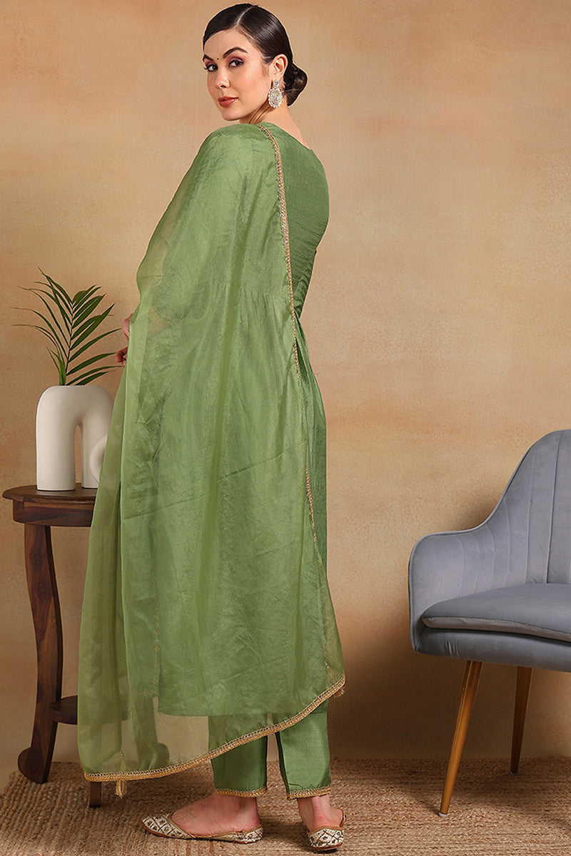 Green Silk Blend Solid Yoke Design Flared Empire Suit Set | SHOBITAM