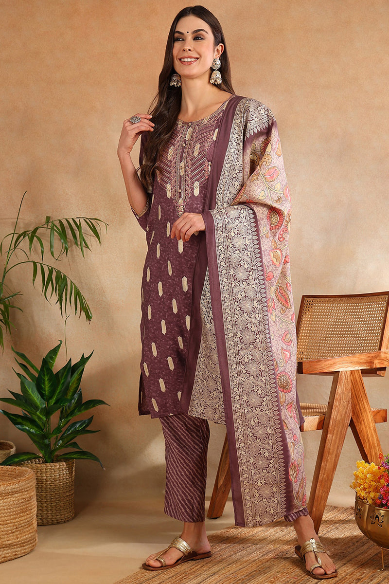 Mauve Silk Blend Ethnic Motifs Embroidered Straight Suit Set | SHOBITAM