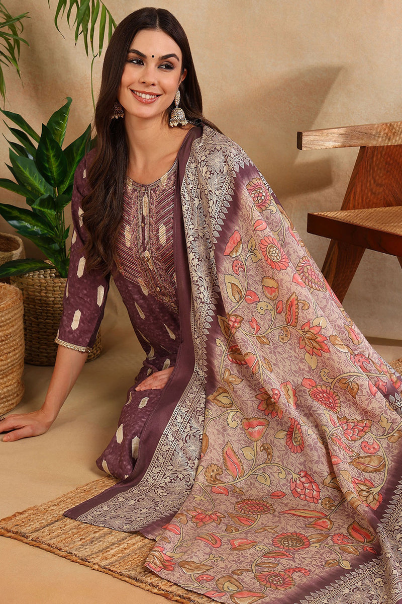 Mauve Silk Blend Ethnic Motifs Embroidered Straight Suit Set | SHOBITAM