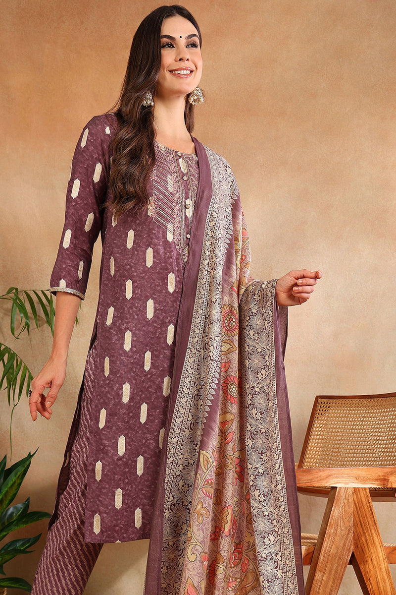 Mauve Silk Blend Ethnic Motifs Embroidered Straight Suit Set | SHOBITAM