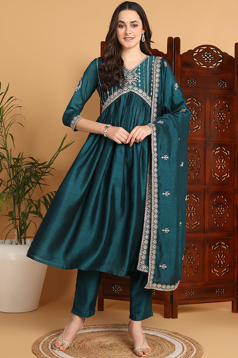 Green Silk Blend Solid Embroidered Flared Suit Set | SHOBITAM